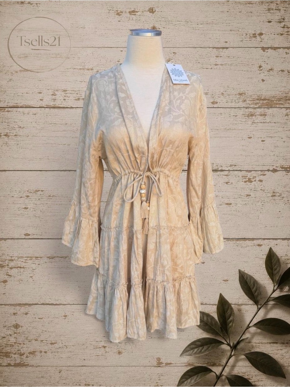 NWT Blue Island Beige Boho Bell Sleeve Mini Dress / Coverup - Size L
